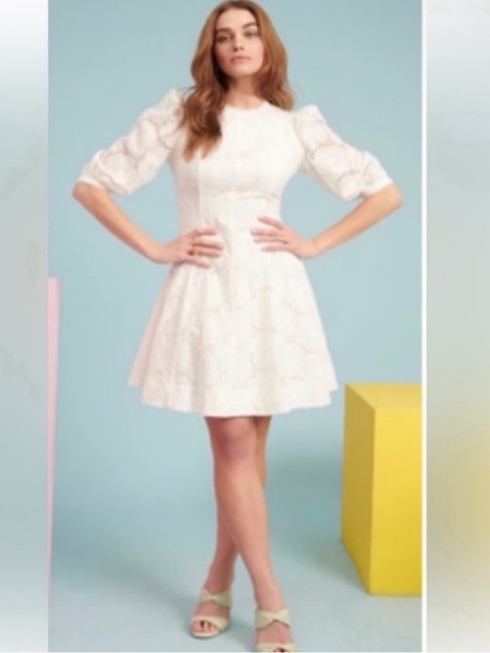 Rachel Parcell White Lace Puff-Sleeve Eyelet Mini Dress